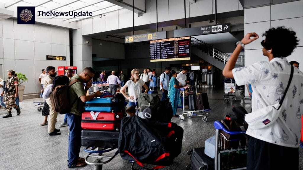Night view of Indira Gandhi International Airport with grounded aircraft and terminal lights